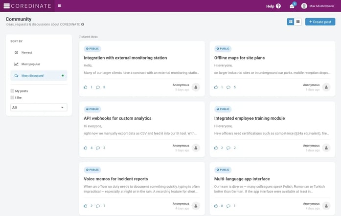 واجهة بوابة المجتمع لـ COREDINATE تعرض طلبات الميزات وتتبع الحالات