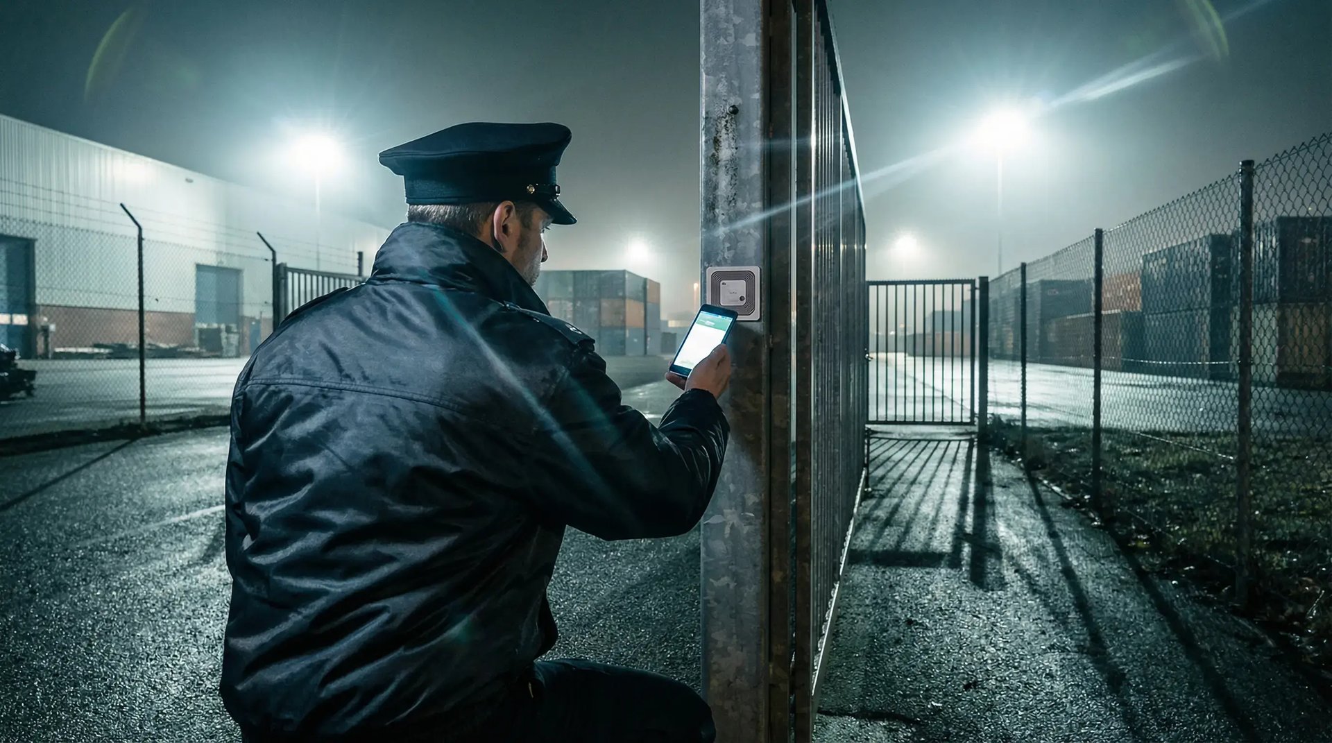 Security officer scans NFC control point during night patrol at secured facility