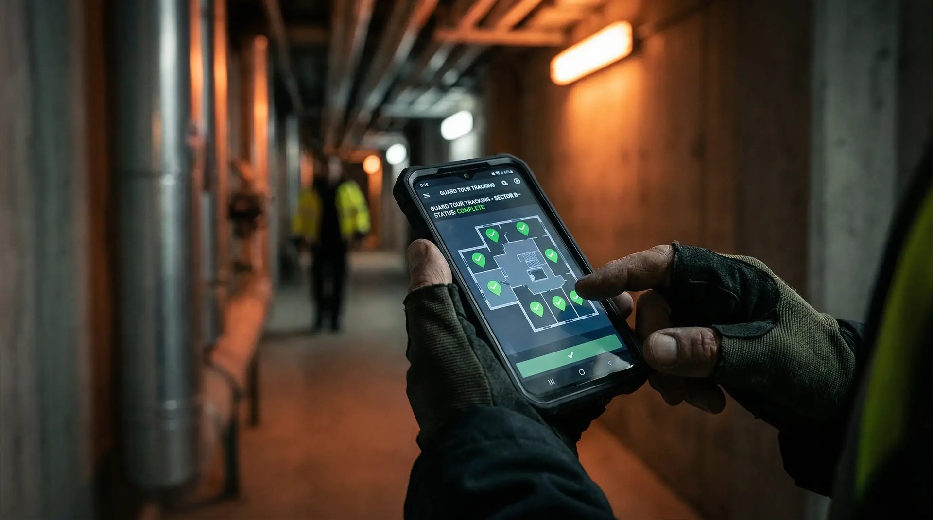 Security guard using smartphone for digital patrol verification in an industrial facility