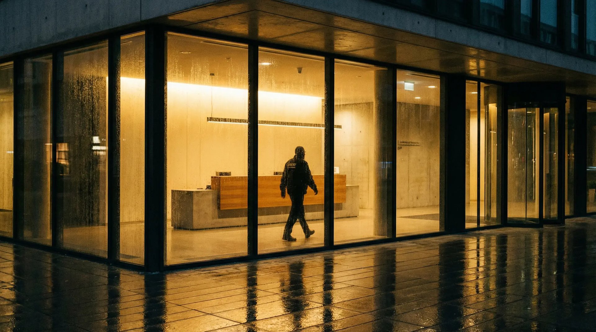 Security guard patrolling a modern office building lobby at night — the security industry in transition