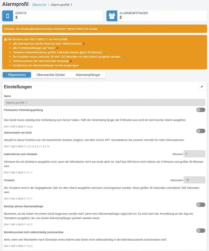 Alarmprofil, Ueberwachte Geraete, einstellungen, Arbeitsplatzsicherung