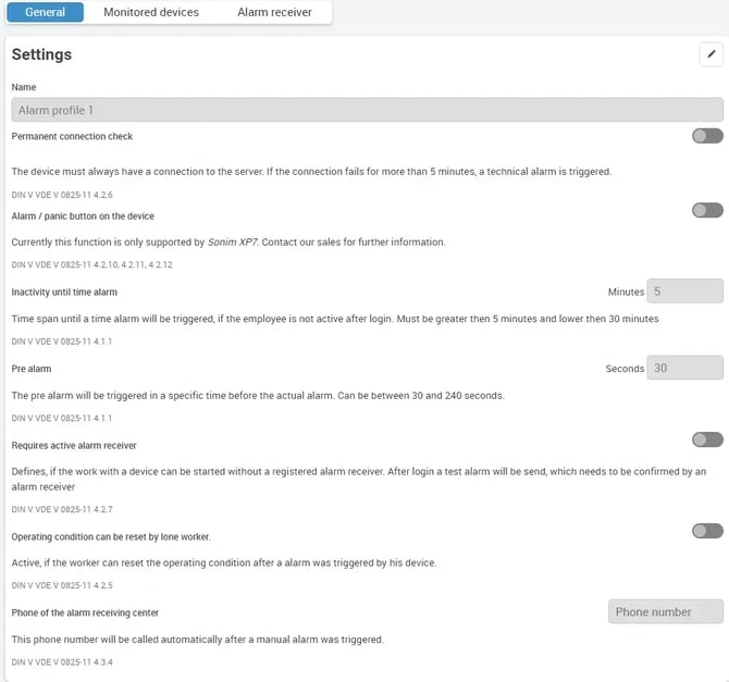Alarm profile, Monitored devices, Settings, loneworkerprotection, security