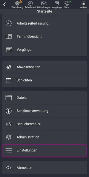 App, Einstellungen, Menue