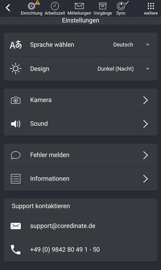 App, Einstellungen, Menue