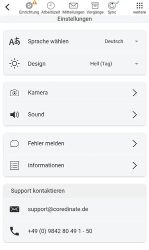 App, Einstellungen, Menue