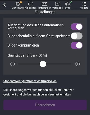App, Einstellungen, Menue