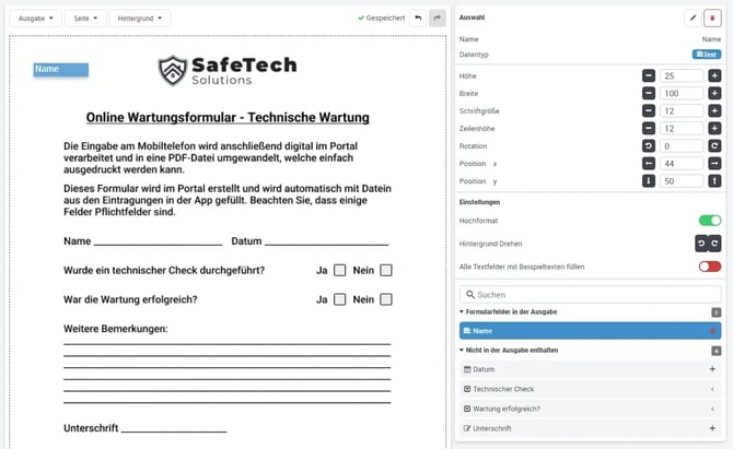Formular anlegen Datenfelder