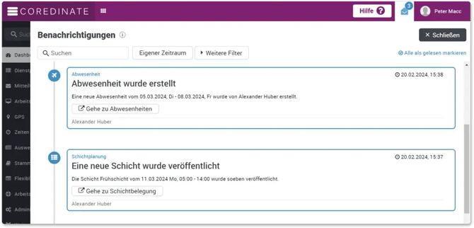 COREDINATE Portal Dashboard Benachrichtigungen