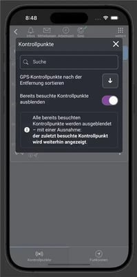 Sortierung von Kontrollpunkten nach Entfernung
