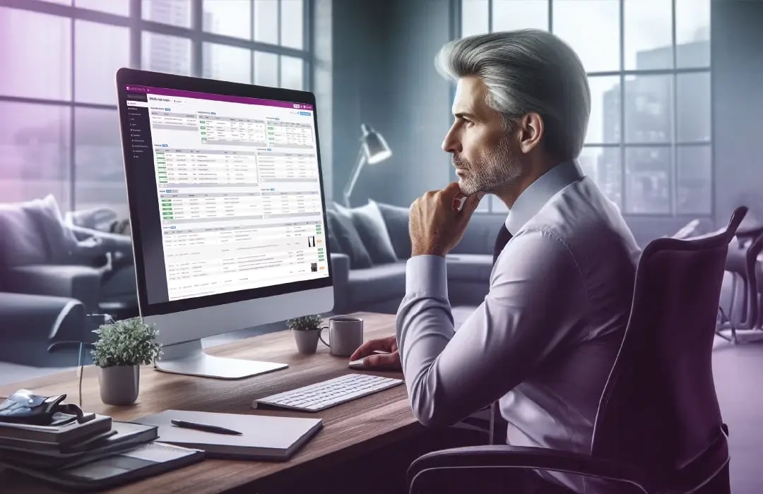 Middle-aged businessman sitting at a desk in front of his computer screen and working in the dashboard on the COREDINATE portal.