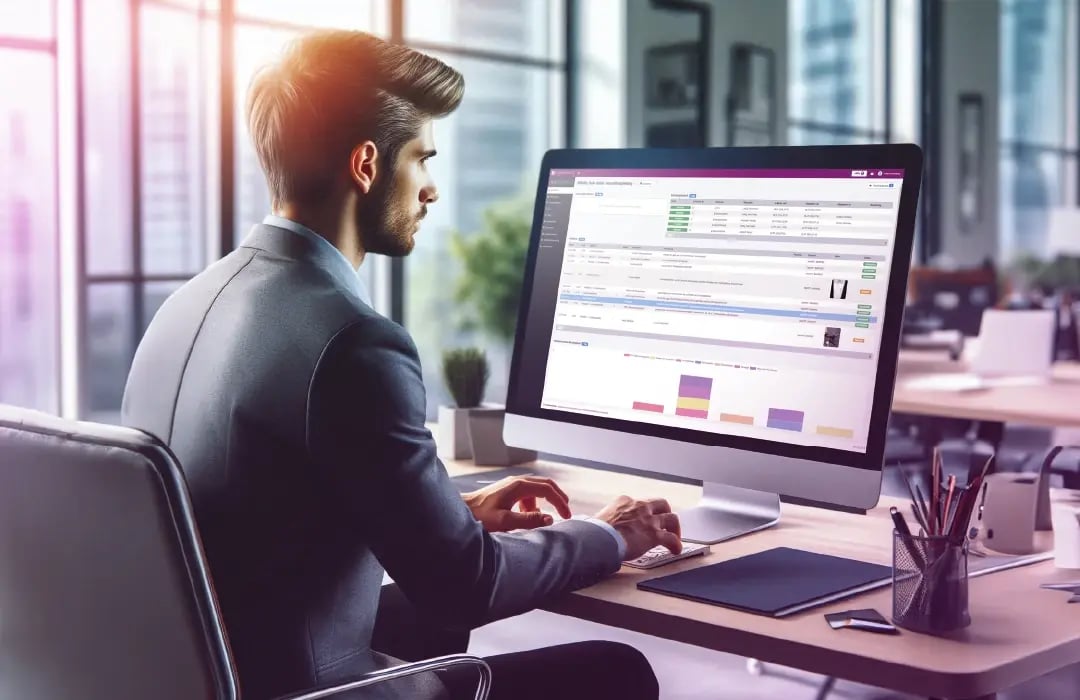 Young businessman sits at his desk in front of his computer screen and works in the dashboard on the COREDINATE portal.