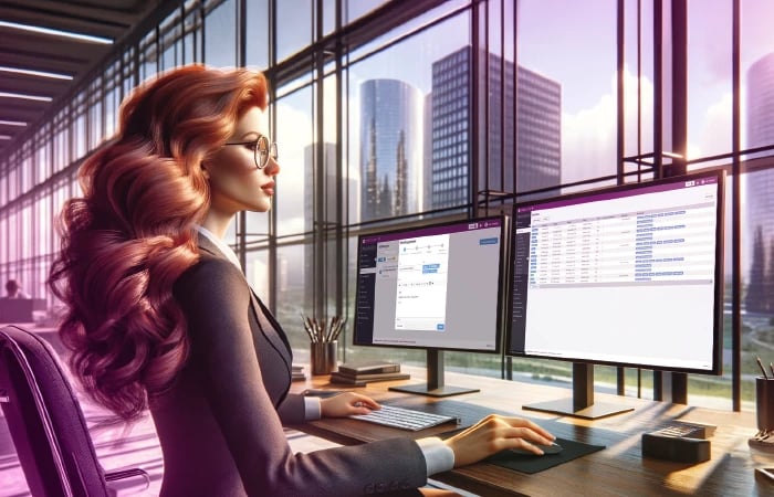 Frau mit Dienstplan am Schreibtisch im Büro vor zwei Bildschirmen