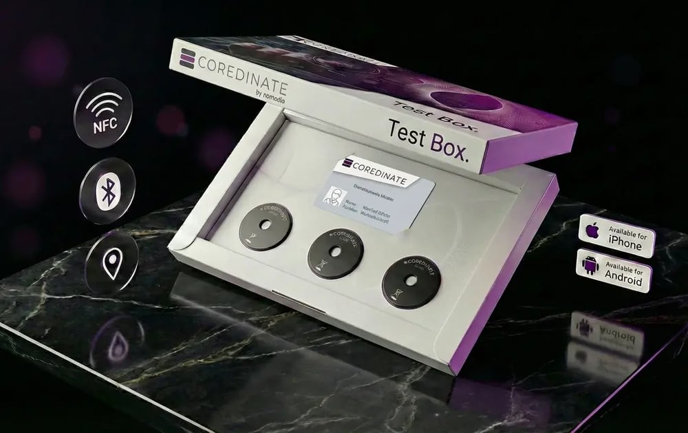 COREDINATE guard tour test kit with NFC checkpoint tags and quick-start guide