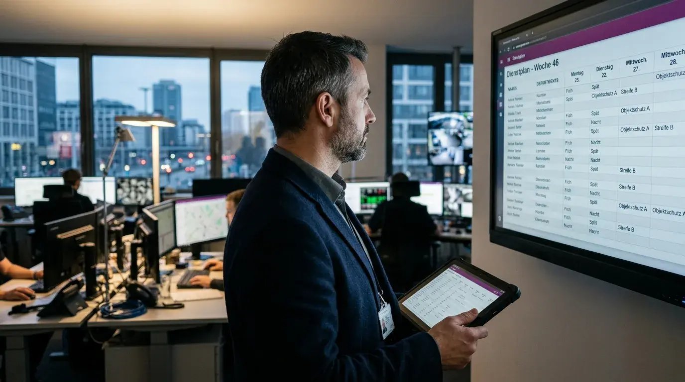 Einsatzleiter eines Sicherheitsdienstes prüft den digitalen COREDINATE-Dienstplan auf einem Wandbildschirm und Tablet in der Leitstelle