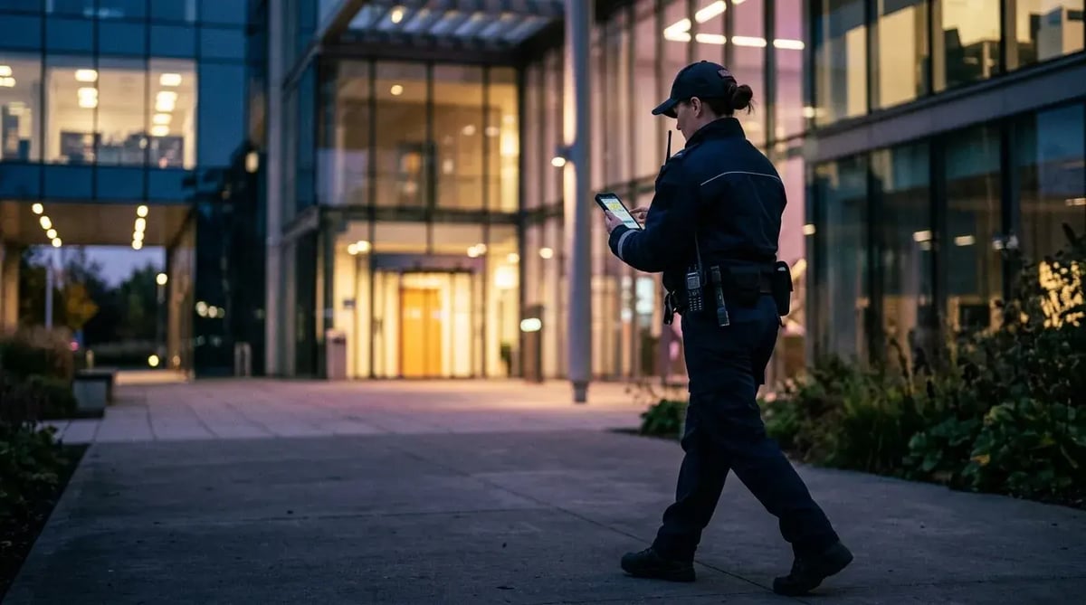 Sicherheitsmitarbeiterin prüft während eines Rundgangs die COREDINATE-App auf dem Smartphone