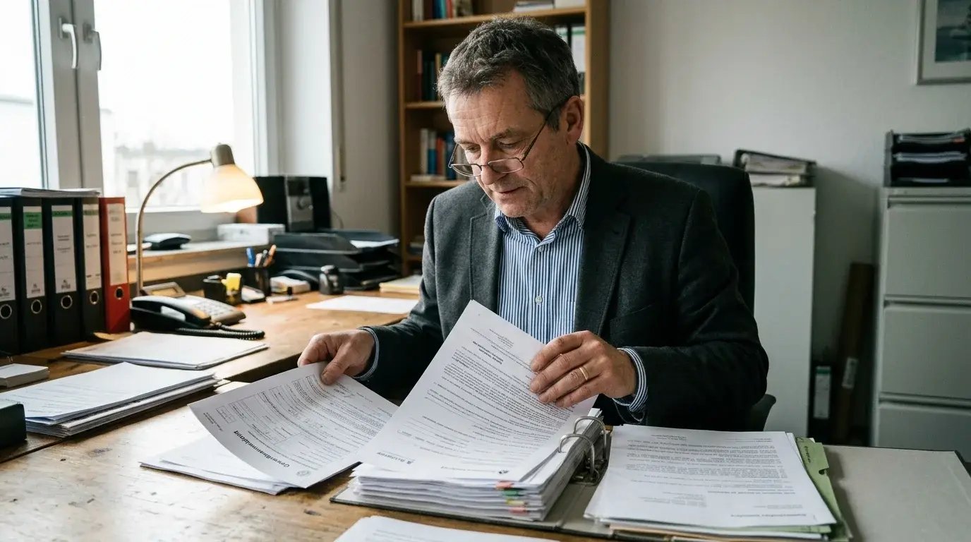 Geschäftsführer eines Sicherheitsdienstes prüft Antragsunterlagen und Registrierungsdokumente im Büro