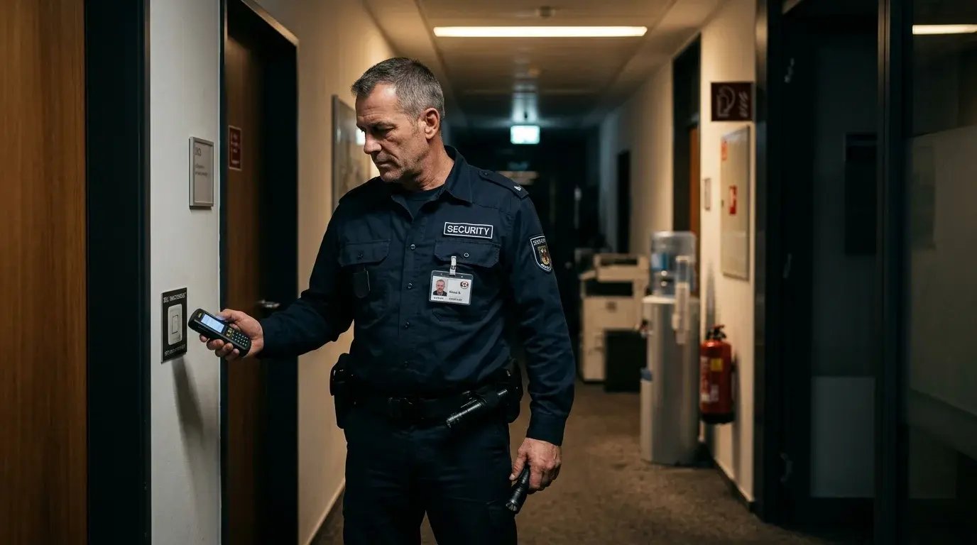 Sicherheitsmitarbeiter dokumentiert einen Kontrollgang mit einem mobilen Scangerät im Nachtdienst