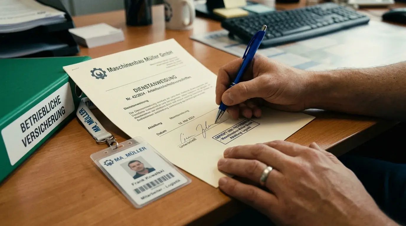 Unterzeichnete Dienstanweisung neben Mitarbeiterausweis auf einem Bürotisch
