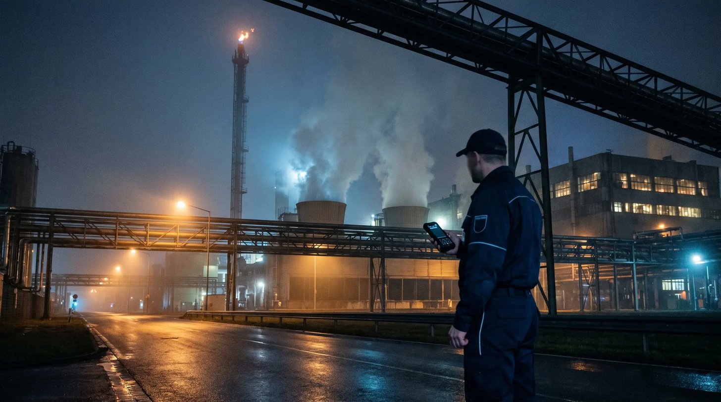 Security officer on night patrol at a UK industrial site with cooling towers and pipe bridges in the background