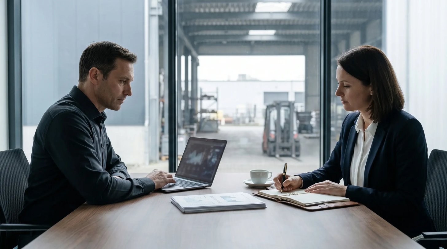 A CNI operator and a NIS auditor reviewing physical security documentation at a conference table, with an industrial facility visible through the window