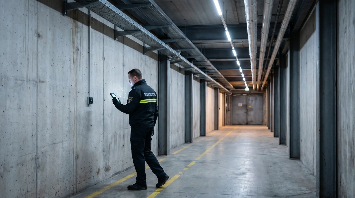 Security officer scanning an NFC checkpoint with a rugged industrial smartphone in a concrete-walled facility corridor with a yellow safety line on the floor