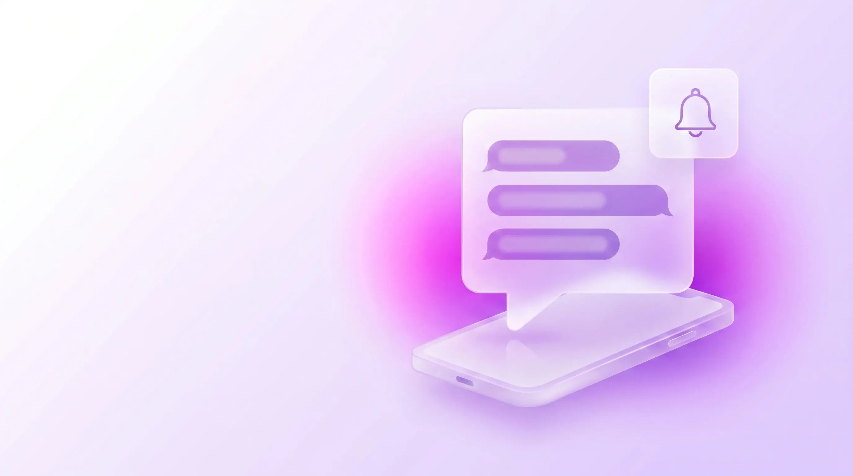 رسم زجاجي لهاتف ذكي مع فقاعة SMS وجرس إشعارات، رمز للإشعارات عبر SMS في تحديث COREDINATE 9.29