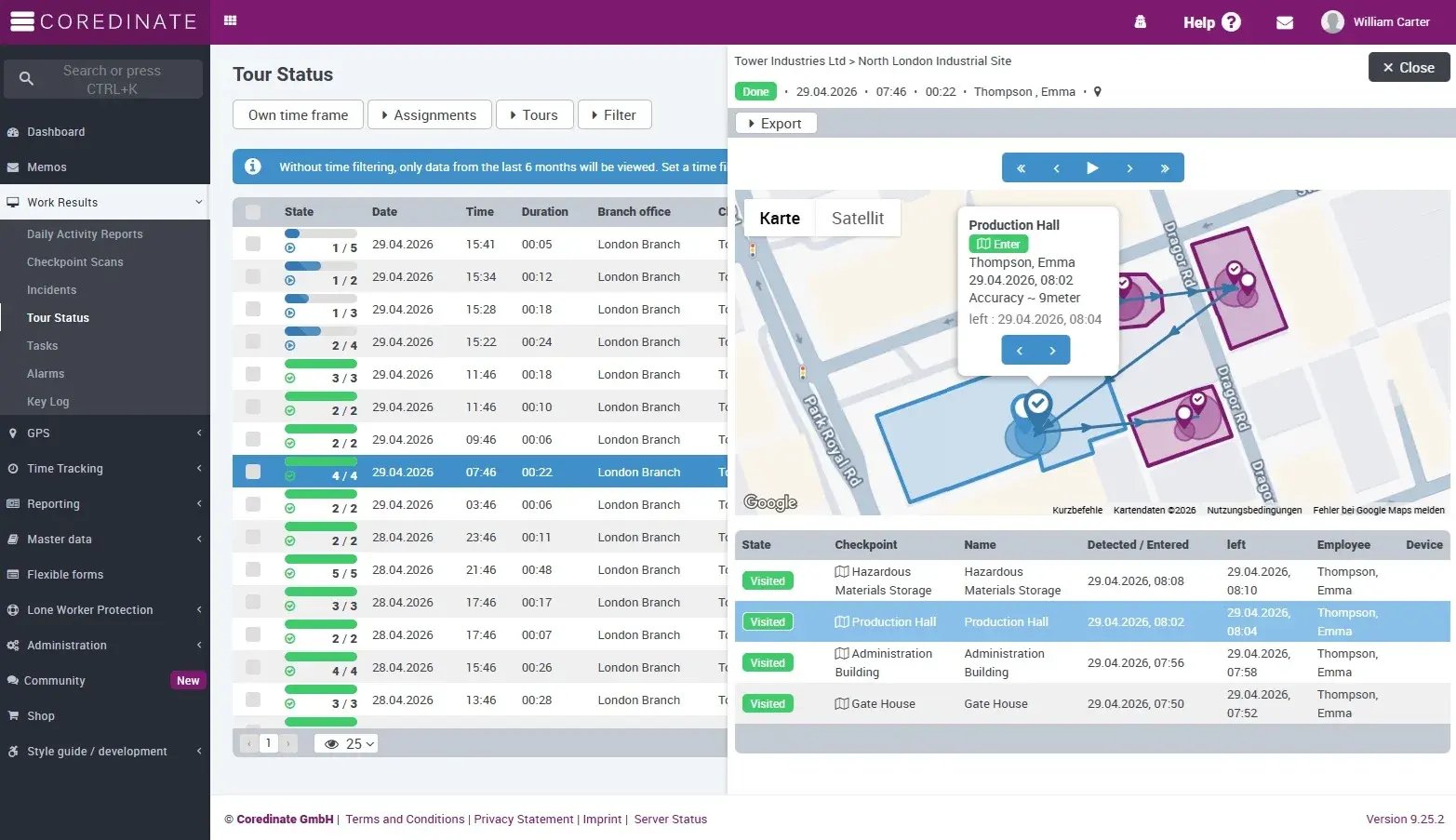 COREDINATE Portal: abgeschlossener GPS-Rundgang mit Geofence auf der Karte