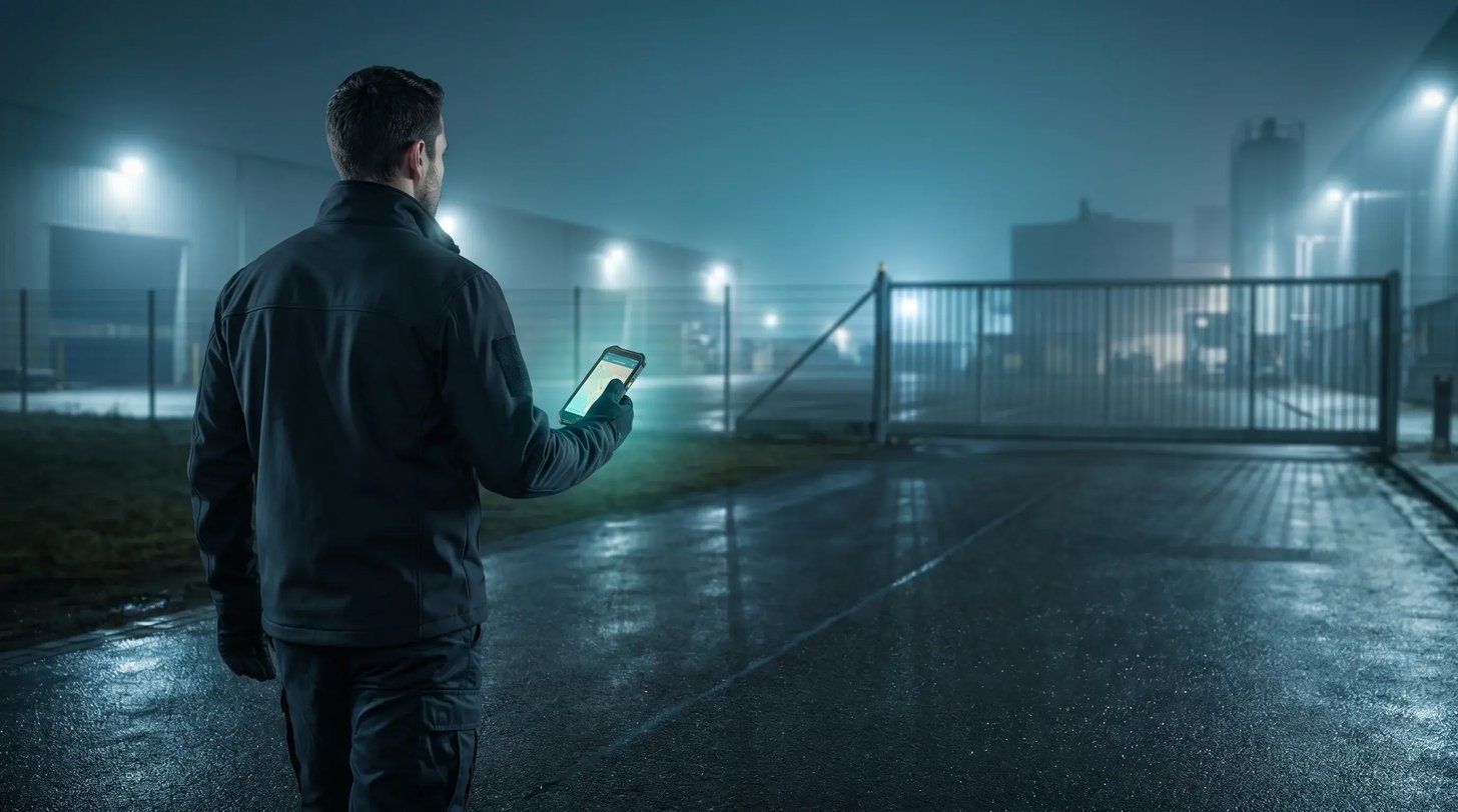 Sicherheitsmitarbeiter auf nächtlichem Streifgang über ein Werksgelände, in der Hand ein robustes Smartphone mit GPS-Karte