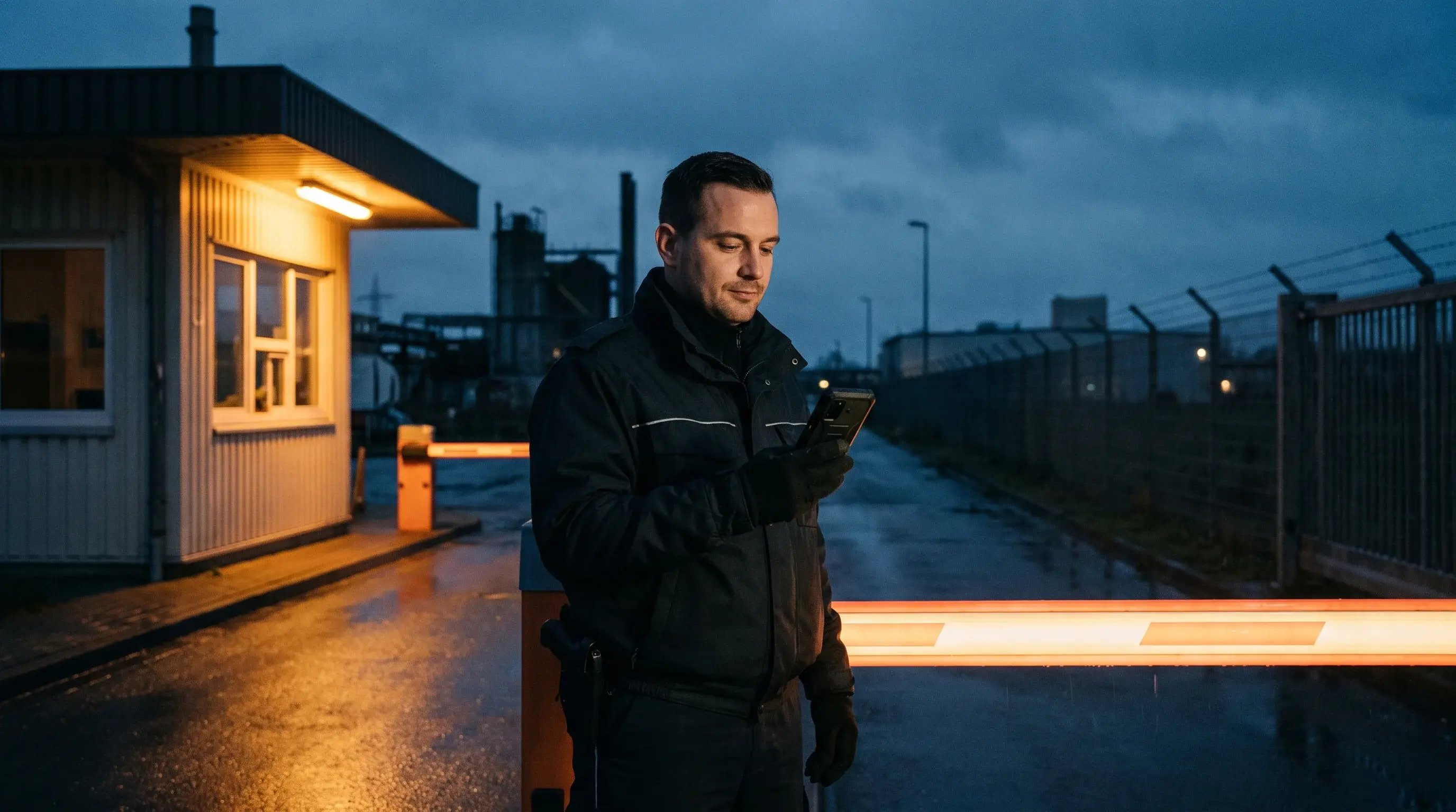Manned guarding officer carrying out access control at a UK site entrance at dusk