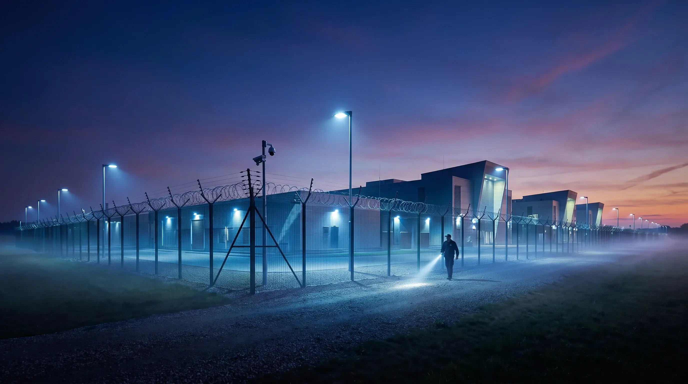 Night patrol along the secured perimeter fence of a UK data centre during critical infrastructure manned guarding