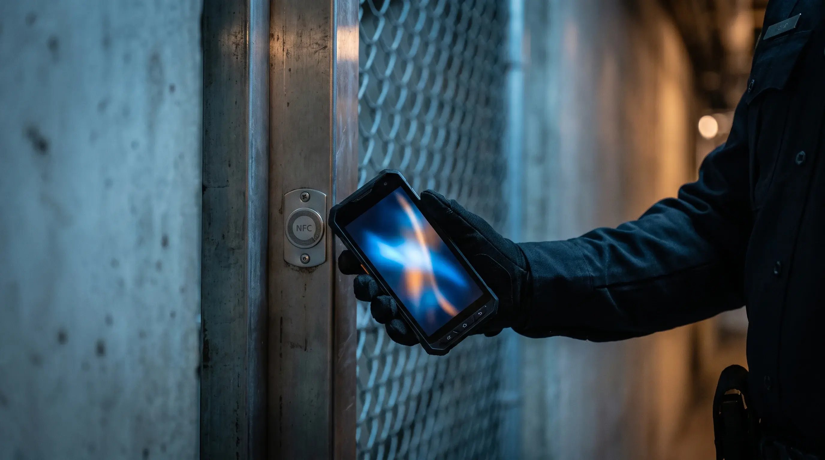 Security officer logging a patrol checkpoint with an NFC scan on a guard tour system app during manned guarding