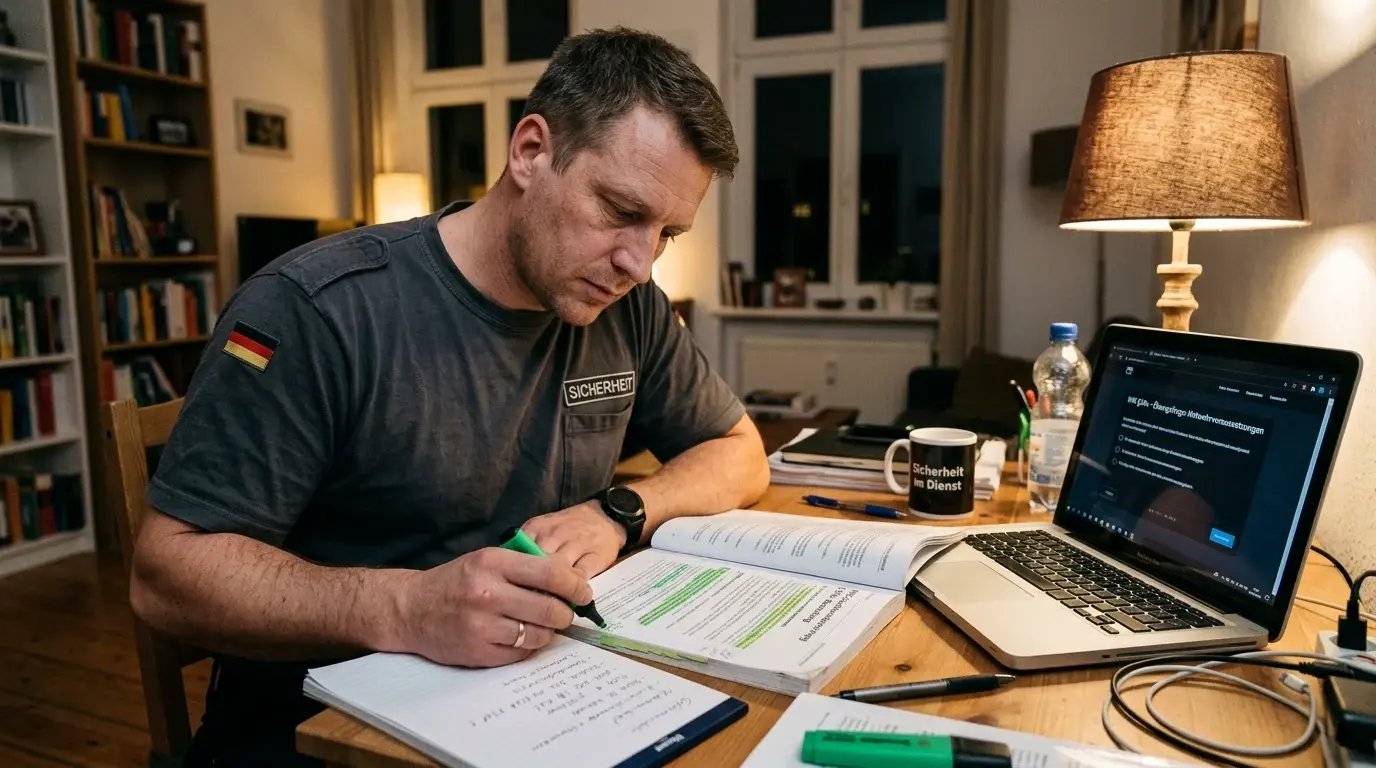 Sicherheitsmitarbeiter bereitet sich abends zu Hause mit Fachliteratur und Notizen auf die IHK-Sachkundeprüfung vor