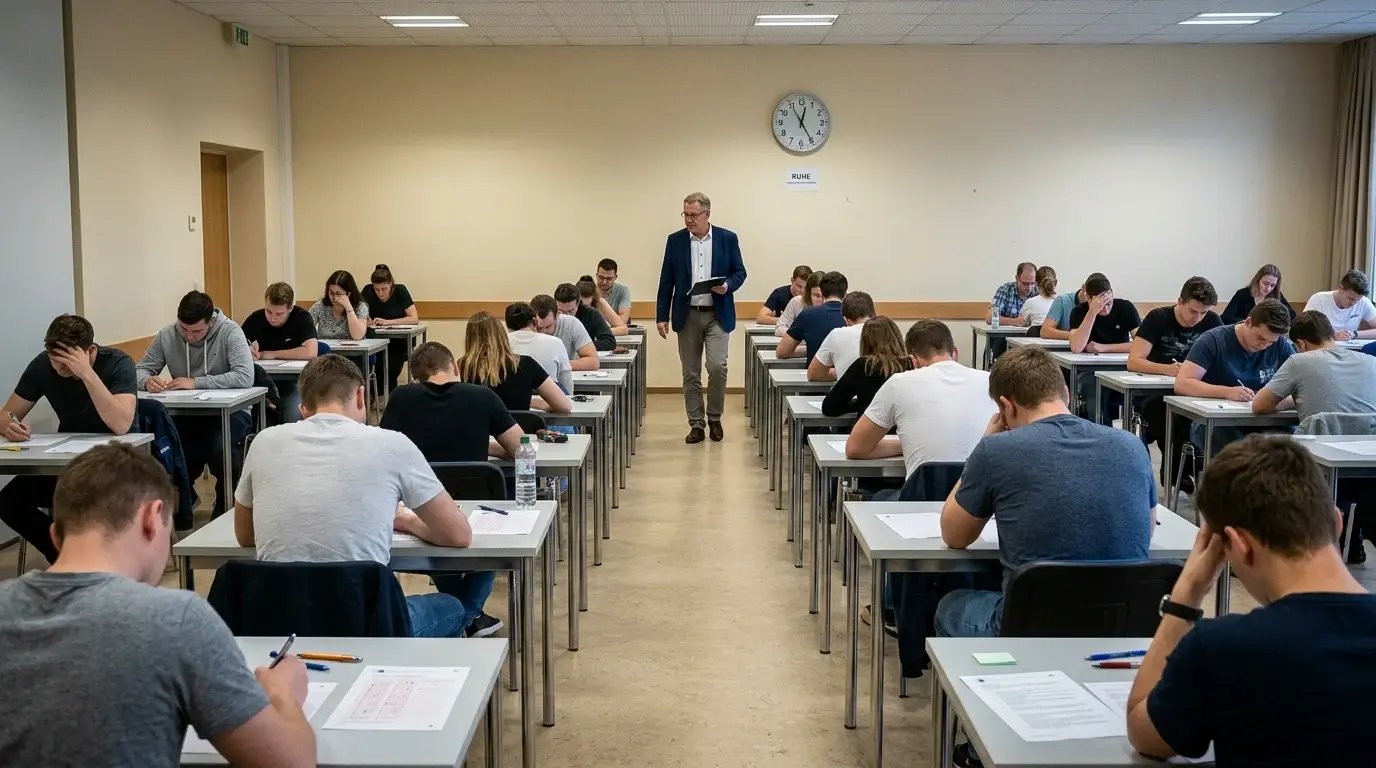IHK-Prüfungsraum mit Kandidaten, die die schriftliche Sachkundeprüfung nach § 34a GewO ablegen