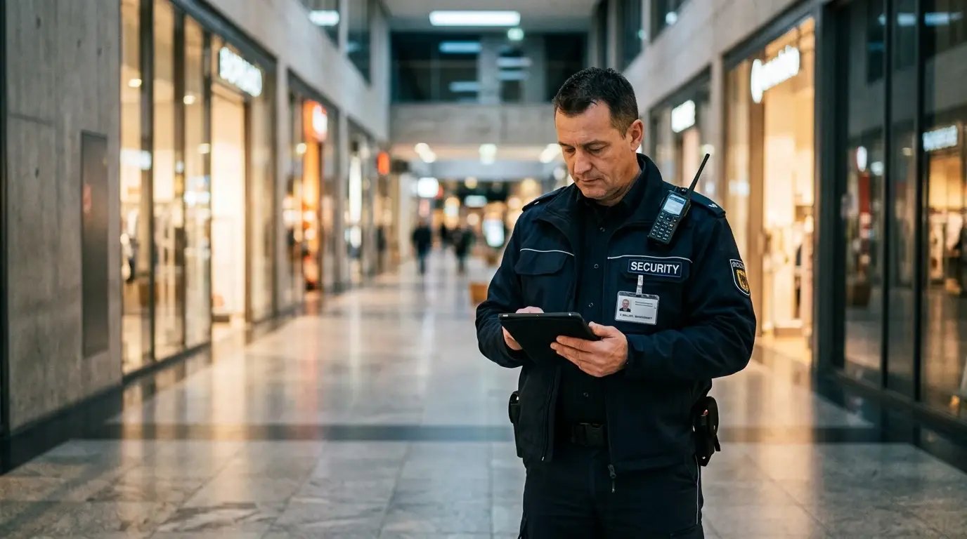 Qualifizierte Sicherheitskraft im Dienst kontrolliert mit einem Tablet die Objektbegehung in einem Einkaufszentrum