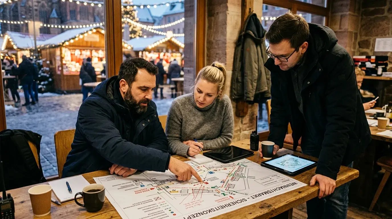 Planning meeting for an outdoor event security operation with a site access plan on the table