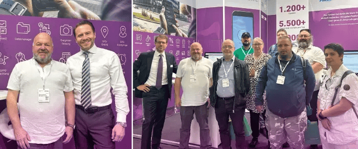 SicherheitsExpo Múnich: Thomas Hainke, inspector de operaciones en KDS GmbH & Co. KG, con estudiantes junto a Michael Kulig y Sebastian Kulig.