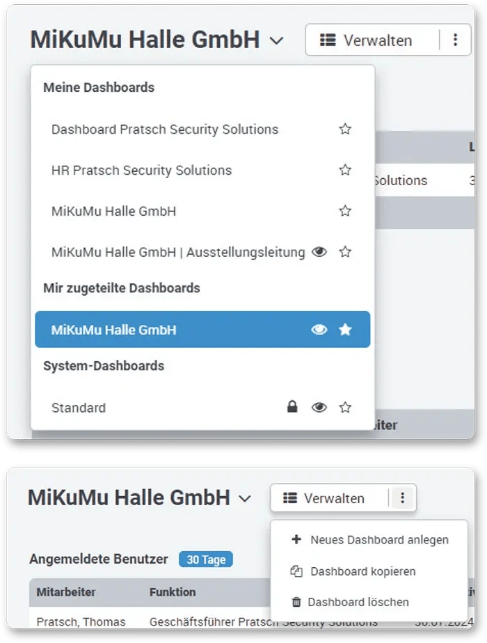 COREDINATE-Portal-Dashboard Verwalten Übersicht