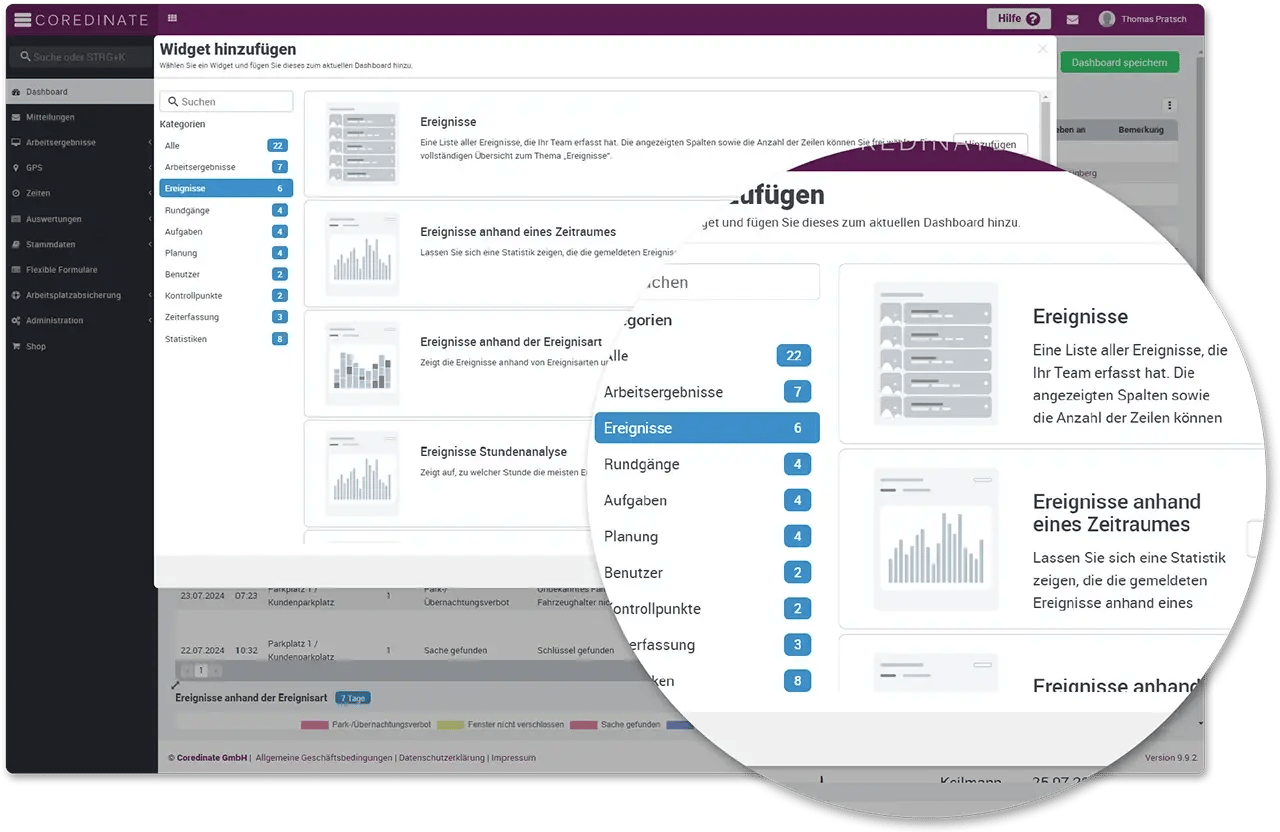 COREDINATE Portal Dashboard Widget-Auswahl.