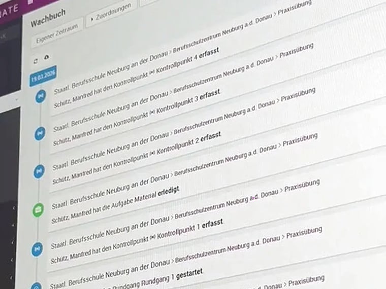Digitales Wachbuch in COREDINATE OWKS mit Kontrollpunktscan-Einträgen aus der Praxisübung