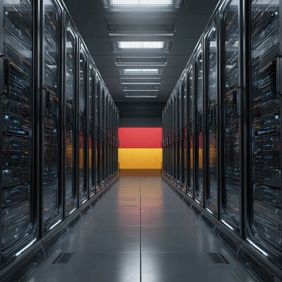 Server room with German flag and data protection symbol