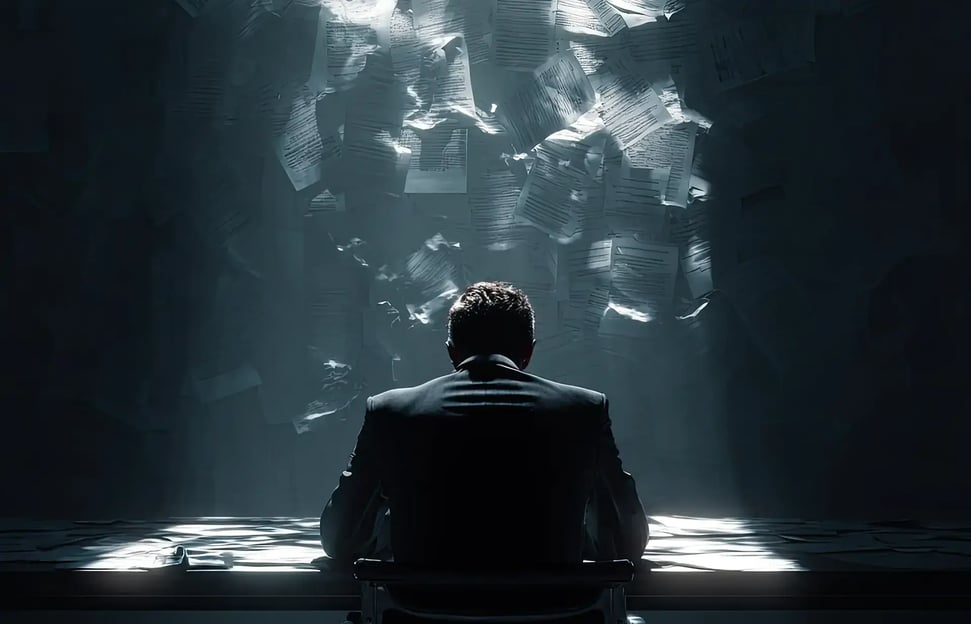 Overwhelmed office worker under a flurry of paperwork