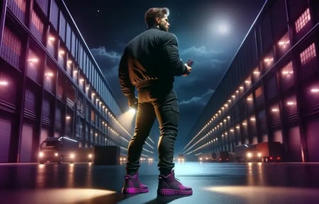 Man in purple trainers works at night with a torch on industrial premises and patrols.