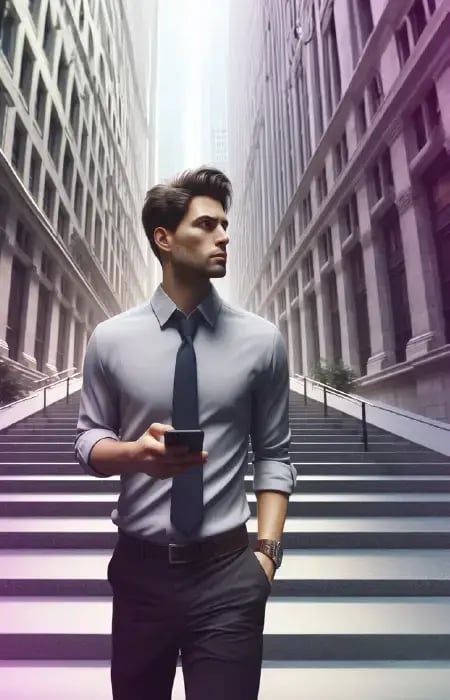  Businessman with a smartphone displaying the COREDINATE workforce management app, in front of office buildings.