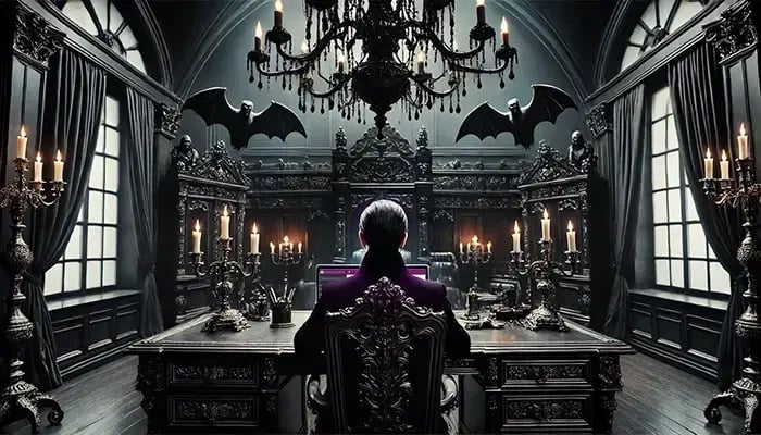 Dracula with bats on his laptop.