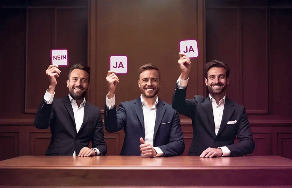 Tres miembros masculinos del jurado votan por el Sicherheitsmitarbeiter des Jahres 2025.