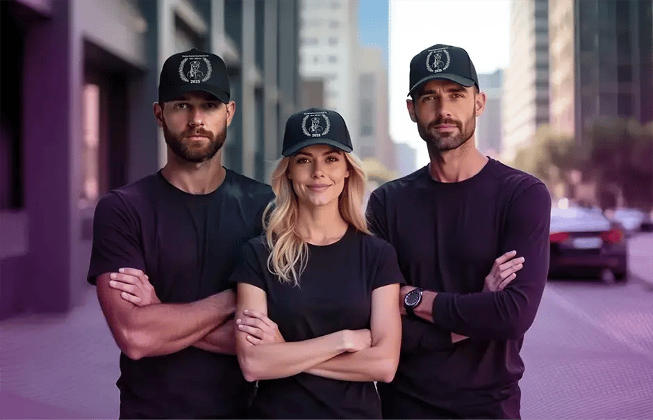 Tres guardias de seguridad con gorras de béisbol y el logotipo del Sicherheitsmitarbeiter des Jahres 2025 miran a la cámara.