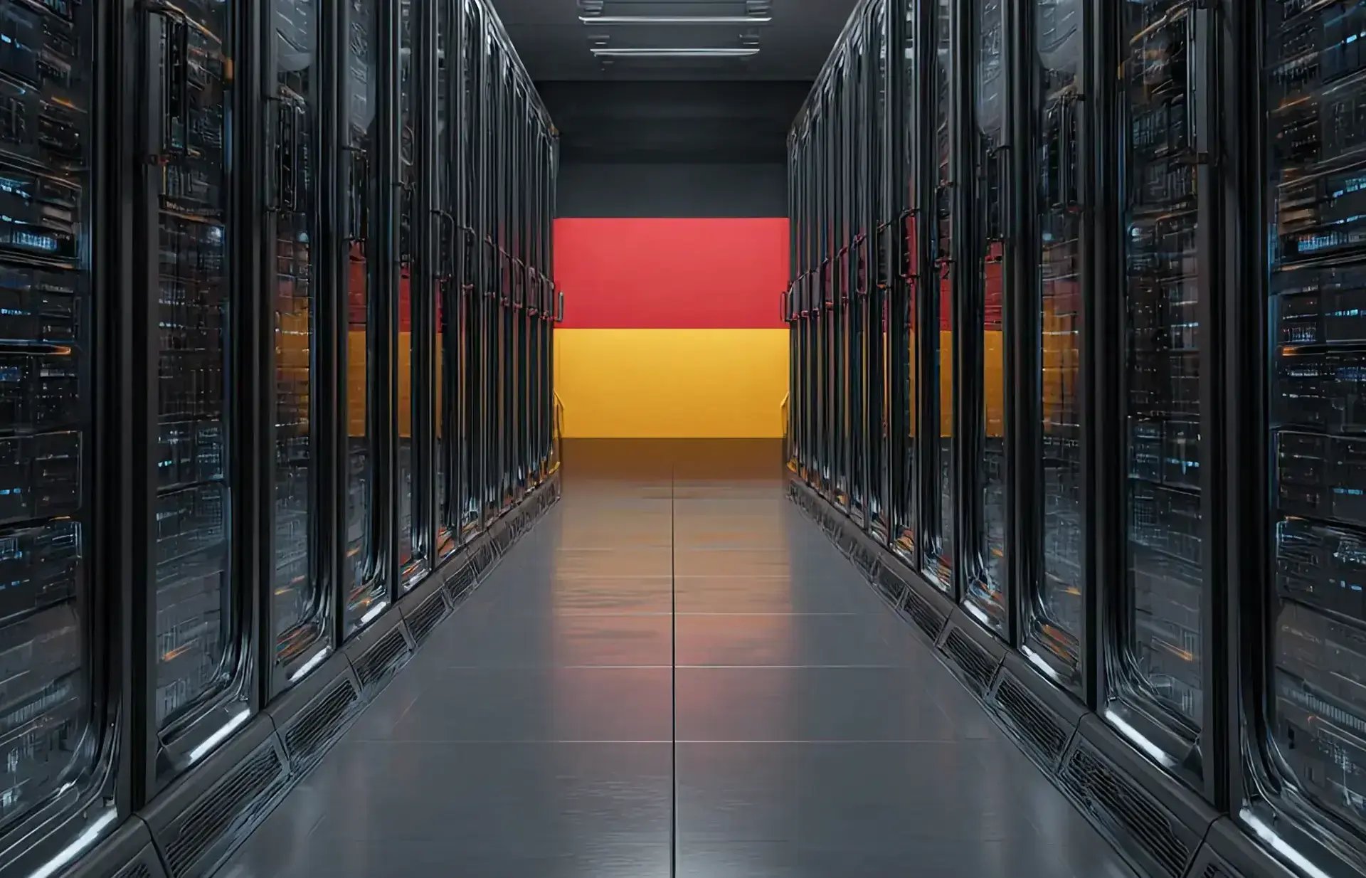Modern server room with illuminated server racks and a German flag in the background – representing IT infrastructure and data hosting in Germany