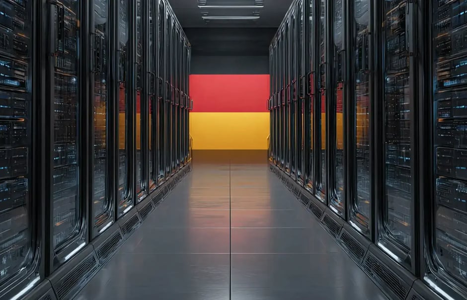 Moderner Serverraum mit beleuchteten Serverschränken und einer deutschen Flagge im Hintergrund – steht für IT-Infrastruktur und Datenhosting in Deutschland