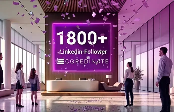 Reception hall displaying LinkedIn follower milestone