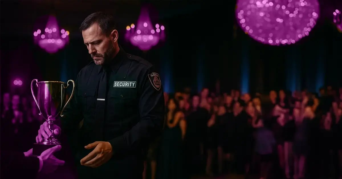 Sicherheitsmitarbeiter, der seinen Preis akzeptiert.